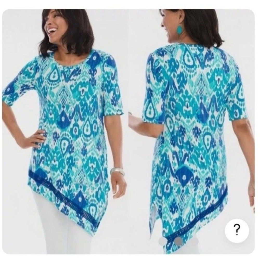 Chico's Top Artful IKAT Asymmetrical Crochet Hem Mysterious Blue Size 3
